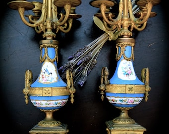 A Pair of French Antique  P.H. Mourey Candelabras with Sevres Porcelaine    Sku: C361