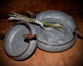 Two Vintage Galvanized Tin Planters with Birds                    Sku: C512