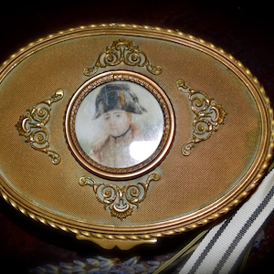 Antique French Gilt Metal Jewelry Box Portrait Napoleon   Sku: J055