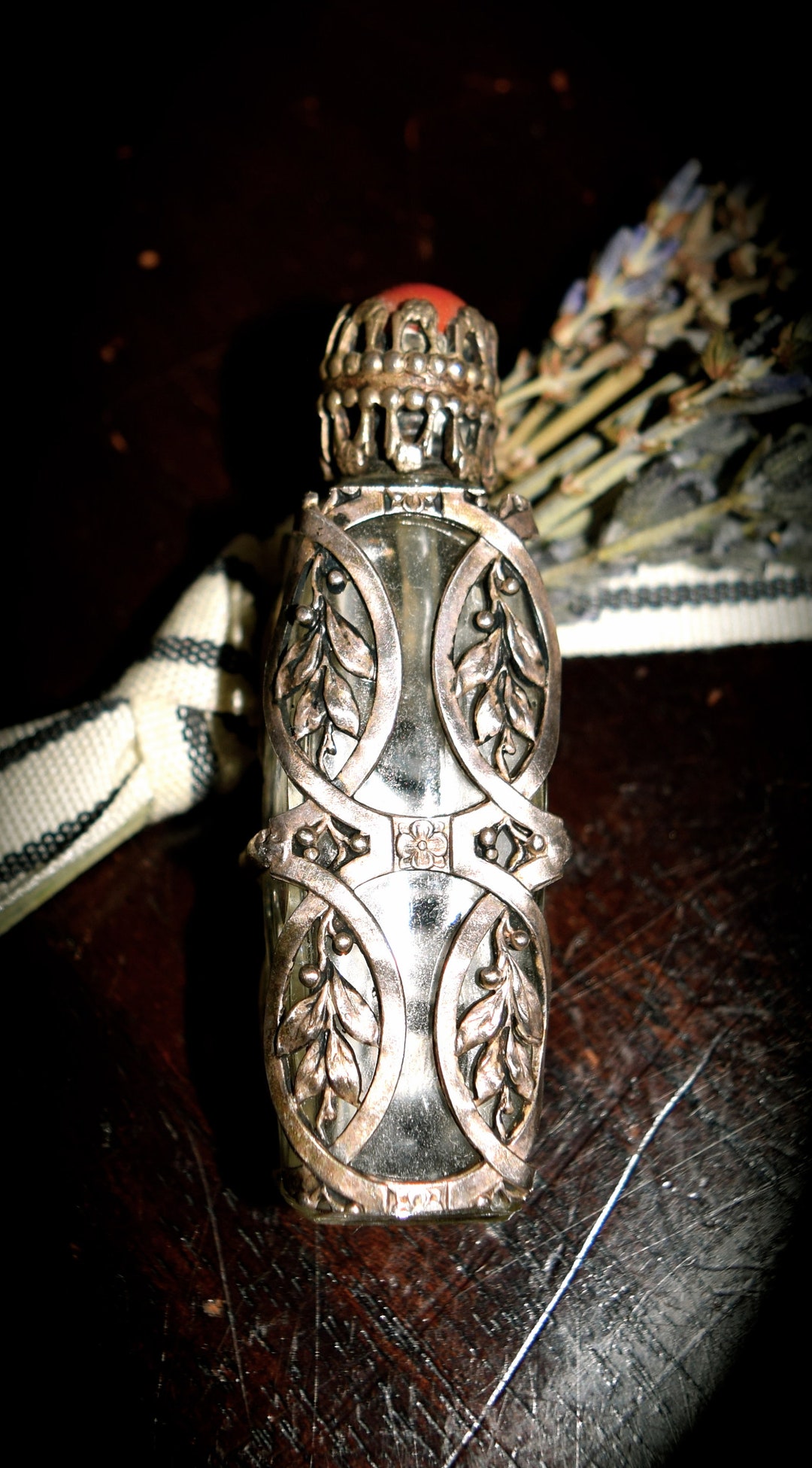 Antique Victorian Crystal and Sterling Silver Perfume Bottle C346