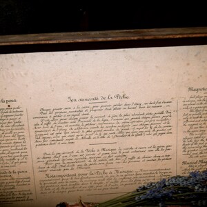May include: A vintage wooden box displays a faded document with handwritten text in multiple languages. The document is aged, with visible wear and tear. A sprig of lavender rests at the bottom, adding a touch of color and texture to the scene.