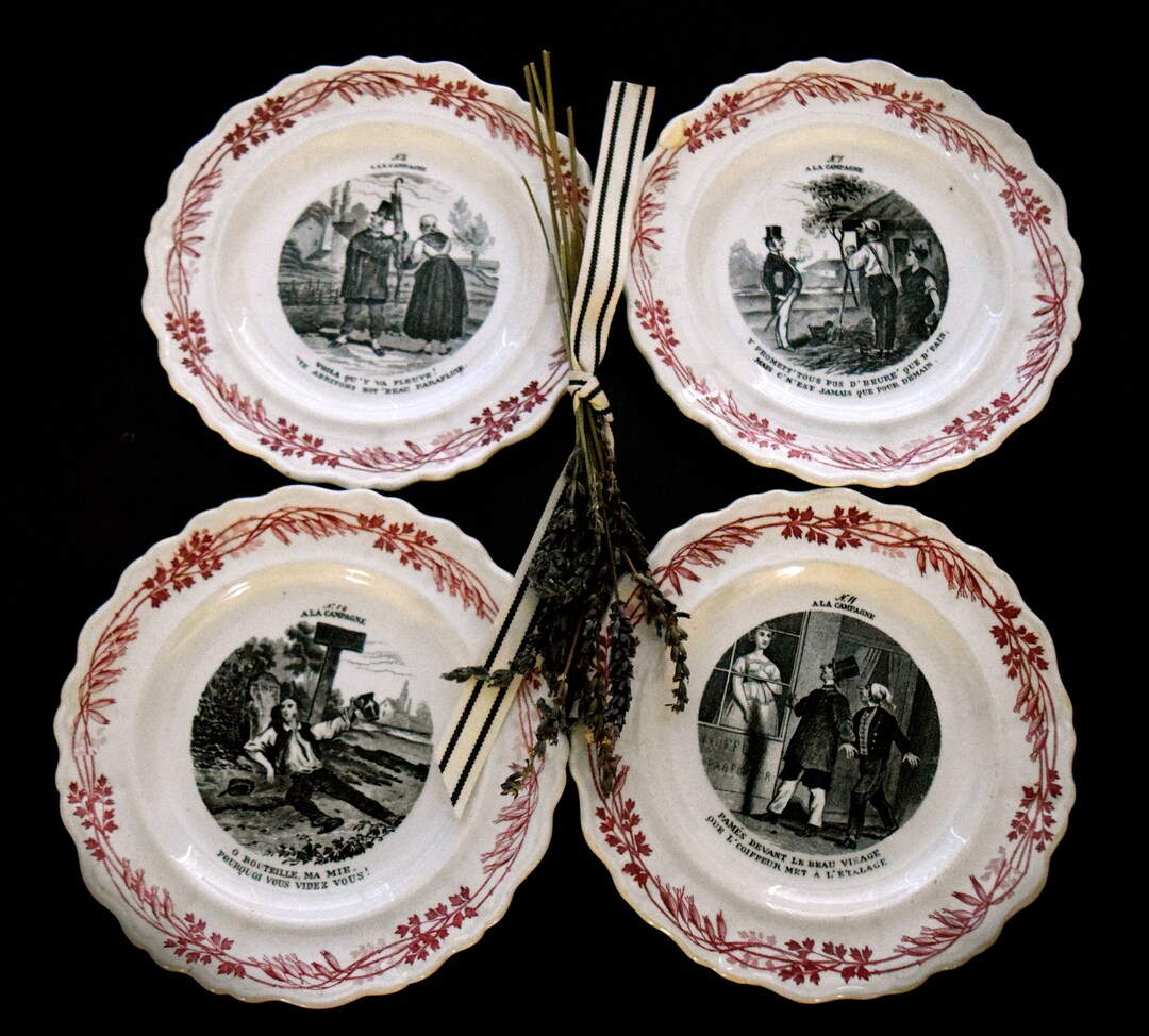 Set of 4 French Antique Creil Et Montereau Terre De Fer Plates Sku