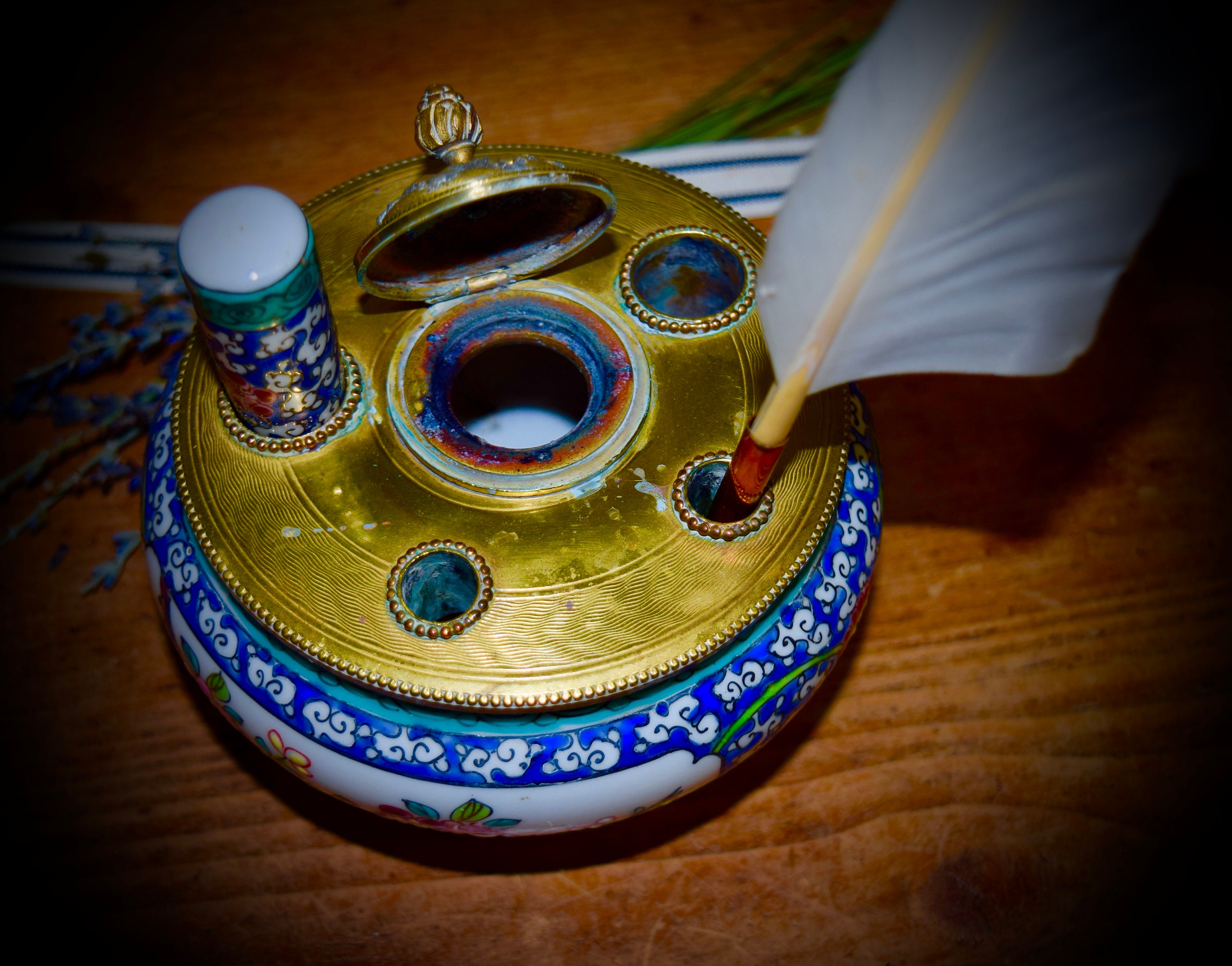 Antique French Limoges Chinoiserie Enamel Gilt Brass Inkwell