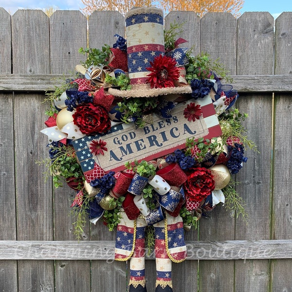 Fourth Of July Wreath, 4th of July Wreath, Uncle Sam Wreath, July 4th Wreath, Patriotic Wreath, Front Door Wreath, God Bless America