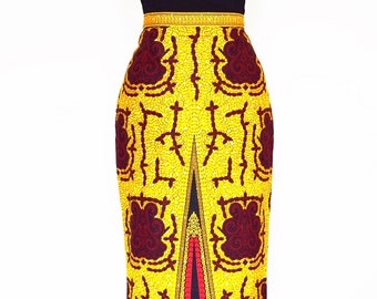 Falda pequeña de lápiz amarillo y negro Ankara, falda de lápiz Ankara, falda corta de cera africana – hecho a la orden