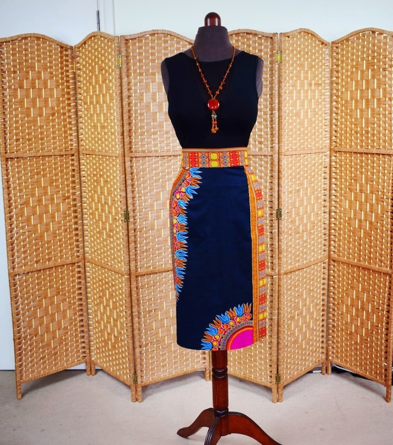 Ready to ship. Dashiki Pencil Skirt Black Angelina Ankara Pencil Skirt African Wax Short Skirt \u2013 One of a kind