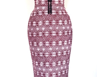 Burgundy and White Filigree Print Pencil Skirt, Ankara Pencil Skirt, African Wax Short Skirt – Made to Order