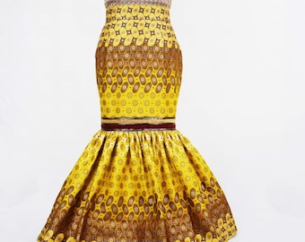 Gold and Burgundy Mermaid Skirt, Formal Maxi Skirt, Long Ankara Skirt, Embellished Maxi Skirt - Size UK 16