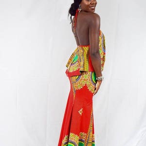 Collette Red Angelina African Wax Trumpet Skirt and Tiffany Halter Top, Long Dashiki Skirt - One of a kind image 2