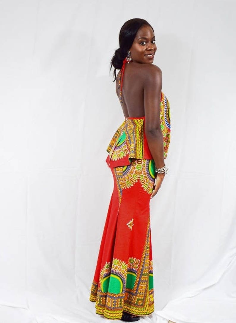 Collette Red Angelina African Wax Trumpet Skirt and Tiffany Halter Top, Long Dashiki Skirt - One of a kind image 2