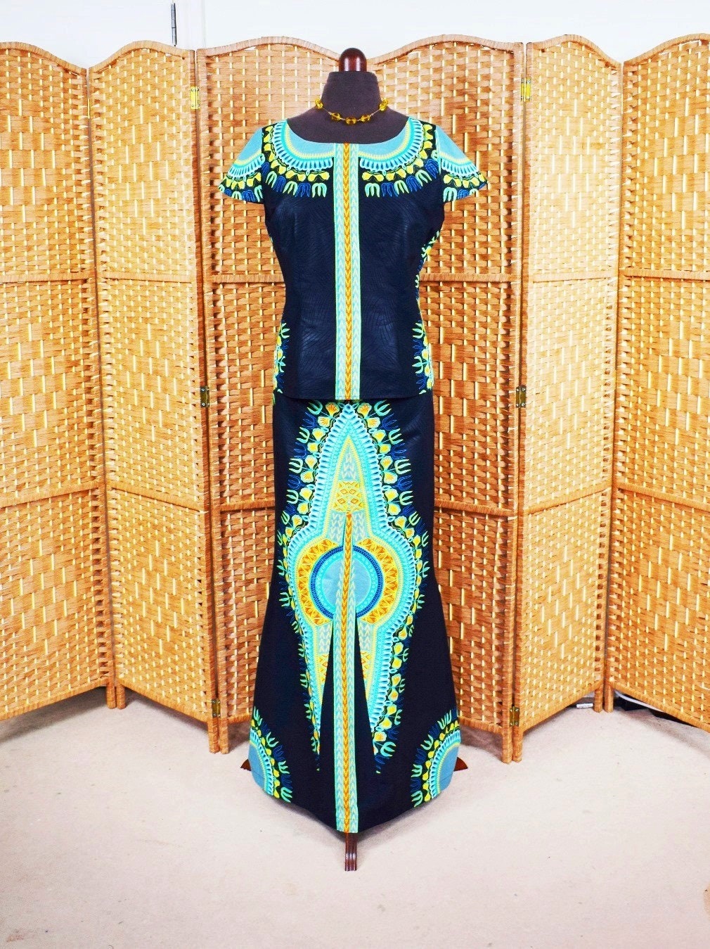 Image of Black Angelina Top & Maxi Skirt, Ankara -Piece Dress, African Wax Skirt Blouse – One Of A Kind