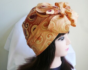 Peach and Brown Ankara Jiffy Head Wrap, African Wax Headtie, Stylish Hair Accessory