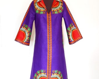 Purple A-Line Dashiki Dress, Ladies' Short Angelina Dress, Short Ankara Dress, Shirt Collar Dress – Ready to Ship - One of a kind