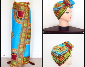 Turquoise Angelina Dashiki Print Wrappa/Lapa and Head wrap,  African Wax Print Maxi Wrap Skirt, Dashiki Skirt and Head tie Set