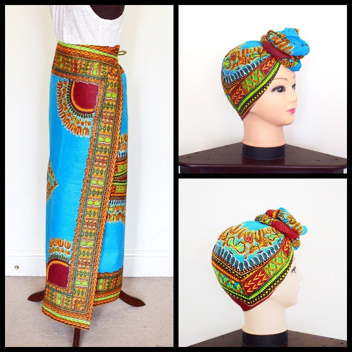 Image of Turquoise Angelina Dashiki Print Wrappa/Lapa & Head Wrap, African Wax Maxi Wrap Skirt, Skirt Tie Set