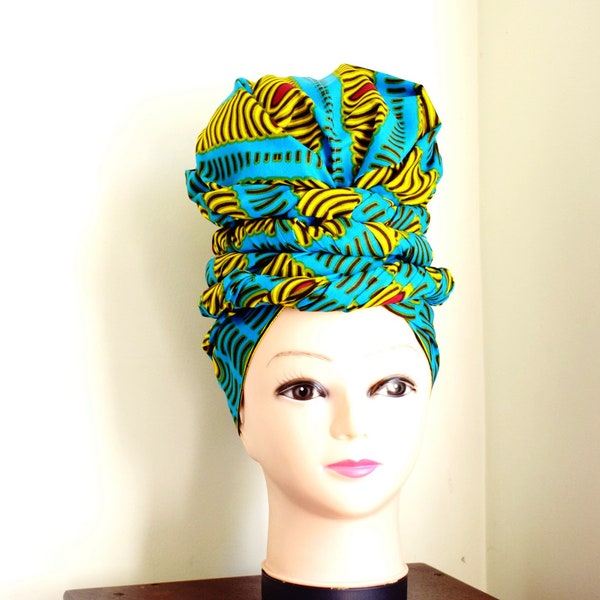 Enveloppement de tête de cire africaine Turquoise et Jaune Bongo Natty, cravate de tête de DIY, écharpe africaine élégante de tête, accessoire de cheveux de tissu - Fait à l’ordre