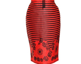 Falda lápiz de rayas rojas y negras, falda lápiz Ankara, falda corta de cera africana – Hecha a pedido