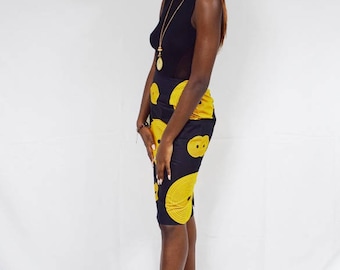 Falda lápiz de registro negro y oro, falda lápiz Ankara, falda corta de cera africana - hecho a la orden