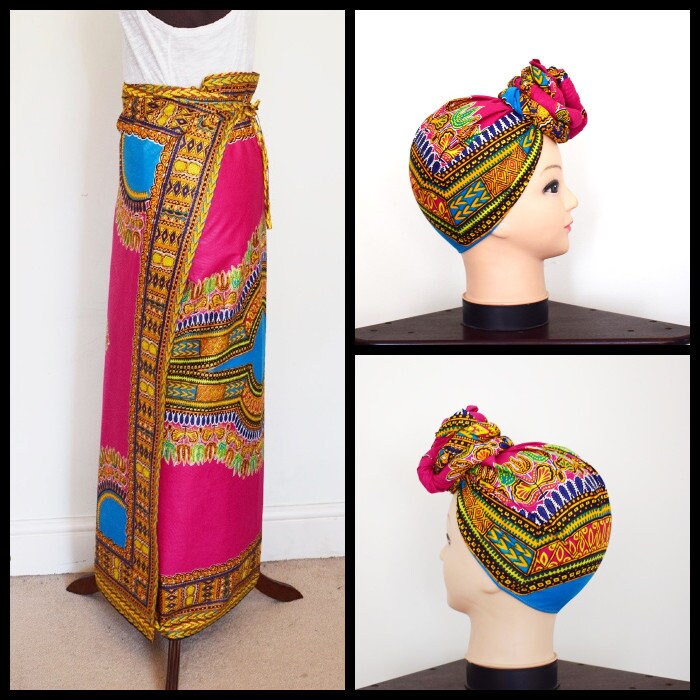 Image of Fuchsia Angelina Dashiki Print Wrappa/Lapa & Head Wrap, African Wax Maxi Wrap Skirt, Skirt Tie Set