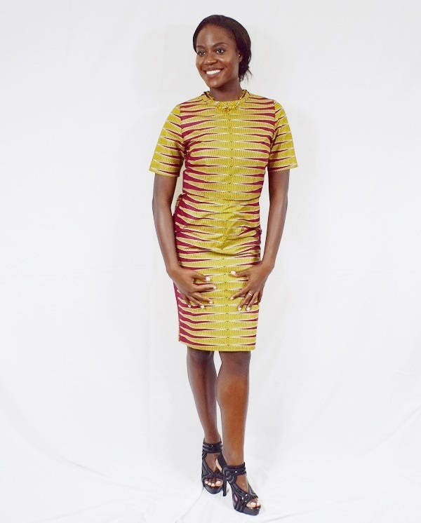 Image of Berry & Yellow Pulse Design Pencil Skirt Cropped Top, Ankara Skirt, African Wax Short – Made To Order