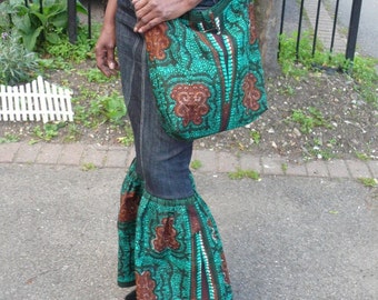 Green and Black Ankara Shoulder Bag, African Wax Crossbody Bag - Made to Order