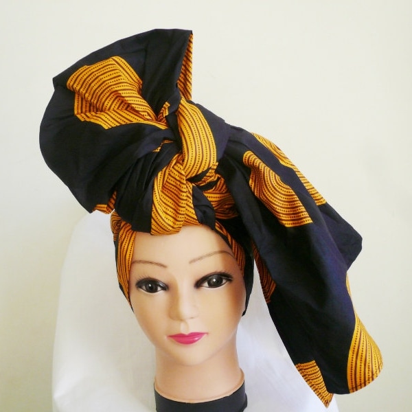 Black and Gold Record Ankara Head wrap, cravate de tête de bricolage, écharpe de tête africaine élégante, accessoire de cheveux de tissu - Made to Order