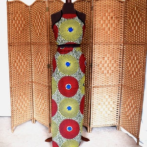 Red and Yellow Large Record Wrappa and Halter Top, Ankara Lapa/Wrappa, African Wax Halter Top, Long Wrap Skirt