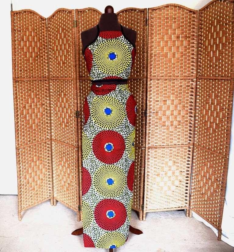 Image of Red & Yellow Large Record Wrappa Halter Top, Ankara Lapa/Wrappa, African Wax Long Wrap Skirt