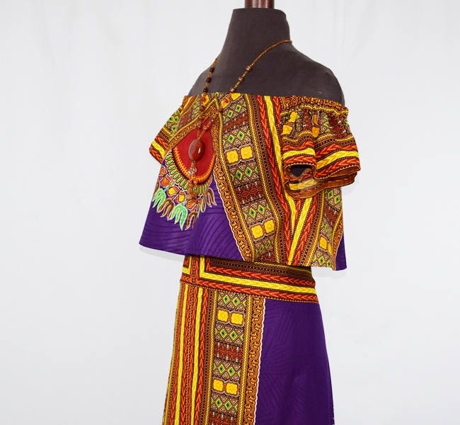 Image of Caroline Purple Angelina African Wax Maxi Skirt & Crop Top, Dashiki Print Skirt, Long Hi-Lo - One Of A Kind