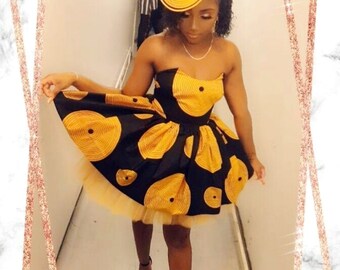Black and Yellow Circles ankara mini dress, African wax cocktail dress,  Ladies' dress and fascinator