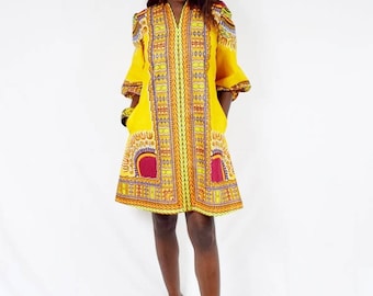 Gold A-Line Dashiki Tunic, Short Angelina Dress, Ladies' Short Ankara Dress, Short Dashiki Dress, Mandarin Collar Dress – Made to Order