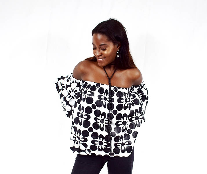 Image of Black & White Floral Print Swing Top, Ankara Off Shoulder African Wax Top – Made To Order