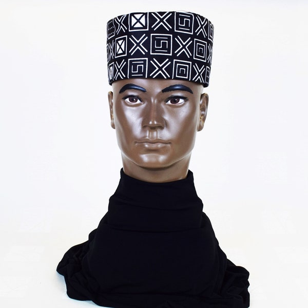 Black and White Mudcloth Print Crown, Dashiki Kufi Hat, African Wax Hat, Fabric Head Covering, Unisex Hair Accessory