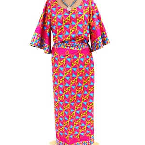 Hot Pink Pinwheel Iro and Buba,  African Wax Print Wrappa and Top, Ankara Two Piece Maxi Dress - Made to Order