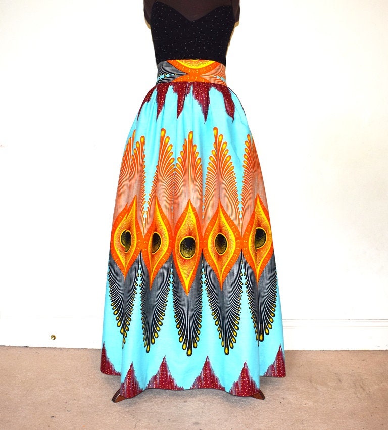 Image of Alison Orange & Black Feathers African Wax Maxi Skirt, Ethnic Print Skirt, Long Skirt – Made To Order