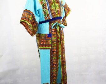 Aqua Dashiki African Wax Maxi Skirt and Cropped Butterfly Top, Dashiki Print Drawstring Skirt, Short Dashiki Top - One of a kind