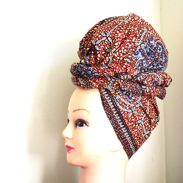 Rouge et Bleu Medley Bongo Natty enveloppement de tête de cire africaine, cravate de tête de DIY, écharpe de tête africaine élégante, accessoire de cheveux de tissu - Fait à l’ordre