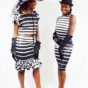 Black and White Striped Top and Pencil Skirt, Ankara 2-Piece Dress, African Wax Short Skirt and Peplum Top image 10