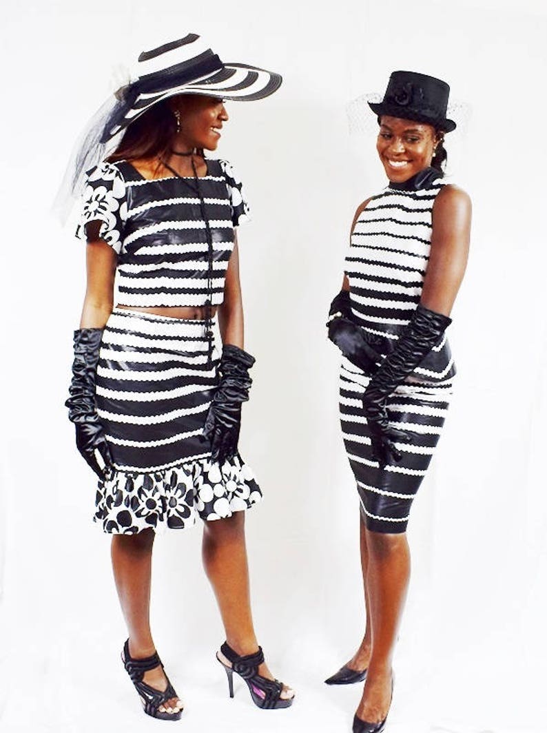 Black and White Striped Top and Pencil Skirt, Ankara 2-Piece Dress, African Wax Short Skirt and Peplum Top image 10