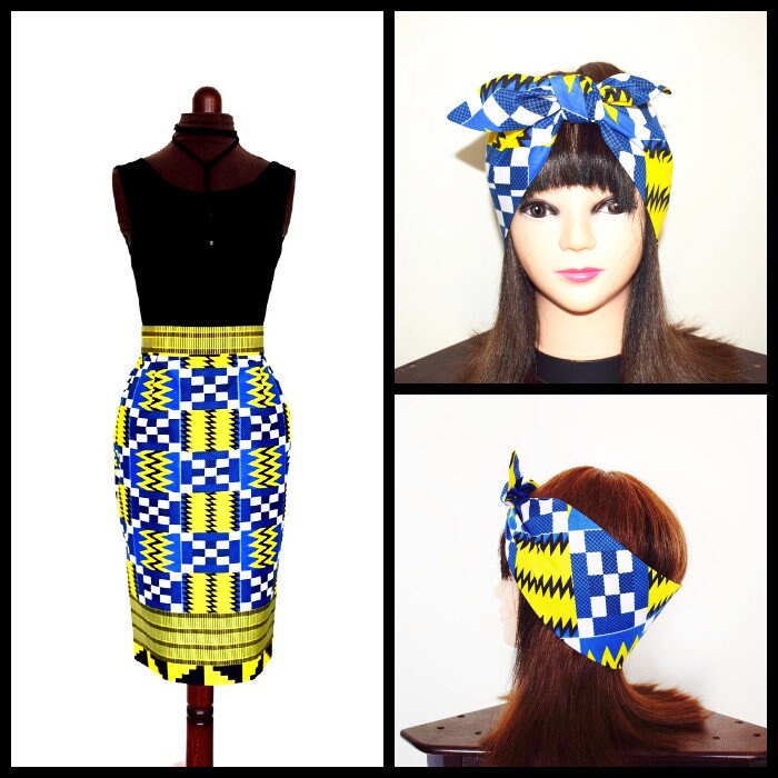 Image of Blue & White Kente Print Pencil Skirt Head Band, Ankara Skirt, African Wax Short – One Of A Kind