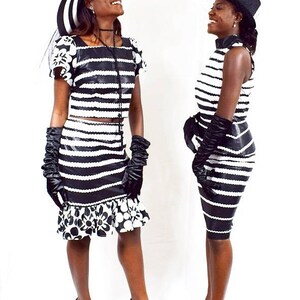 Black and White Striped Top and Pencil Skirt, Ankara 2-Piece Dress, African Wax Short Skirt and Peplum Top image 7