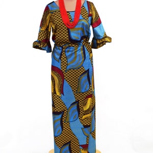 Brown and Blue Multi Iro and Buba,  African Wax Print Wrappa and Top, Ankara Two Piece Maxi Dress - UK Size 16 / US Size 14