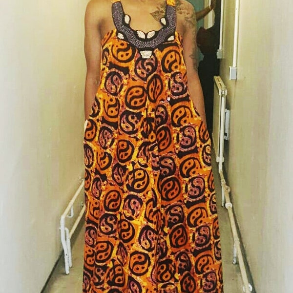 Robe Batik Orange et Violet, Robe Maxi Cire Africaine, Robe Batik Africaine Femme - Fabriquée sur Commande