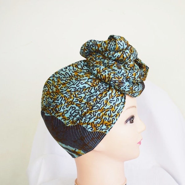 Aqua et Brown Medley Ankara Head wrap, diy head tie, Élégant foulard africain, Accessoire de cheveux en tissu - Made to Order