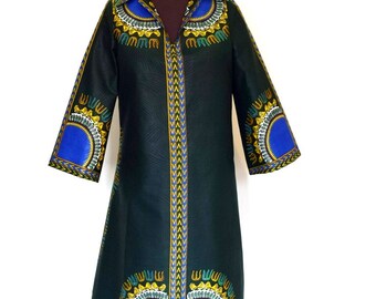 Dark Green A-Line Dashiki Dress, Ladies' Short Angelina Dress, Short Ankara Dress, Shirt Collar Dress – Ready to Ship - One of a kind
