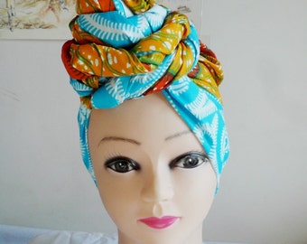 Orange and Blue Eyes Ankara Head wrap, DIY head tie, Stylish African head scarf, Fabric hair accessory – Made to Order