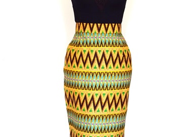 Brown and Gold Ikat Print Pencil Skirt, Ankara Pencil Skirt, African Wax Short Skirt – Made to Order