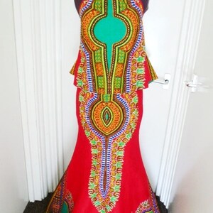 Collette Red Angelina African Wax Trumpet Skirt and Tiffany Halter Top, Long Dashiki Skirt - One of a kind image 9