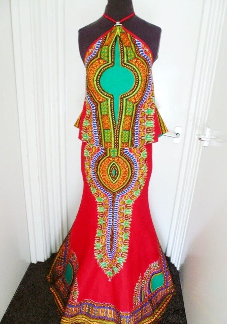 Collette Red Angelina African Wax Trumpet Skirt and Tiffany Halter Top, Long Dashiki Skirt - One of a kind image 9