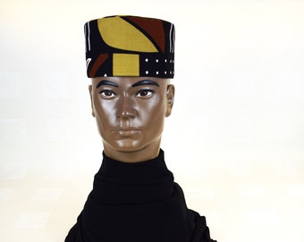 Black and Rust Mudcloth Print Crown, Dashiki Kufi Hat, African Wax Hat, Fabric Head Covering, Unisex Hair Accessory